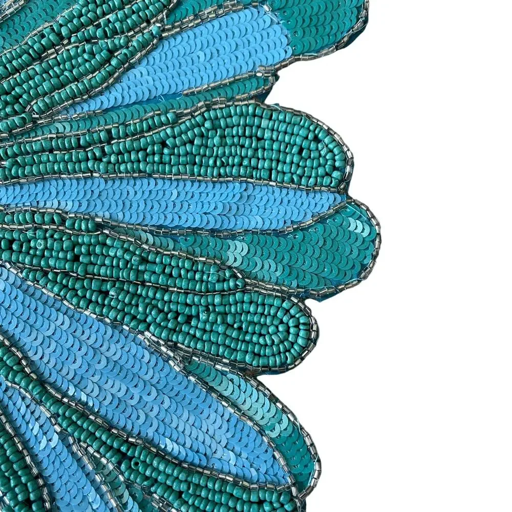 TAHARI HOME Glass Hand Beaded Charger Placemat 15in Blue Green Silver Floral NEW